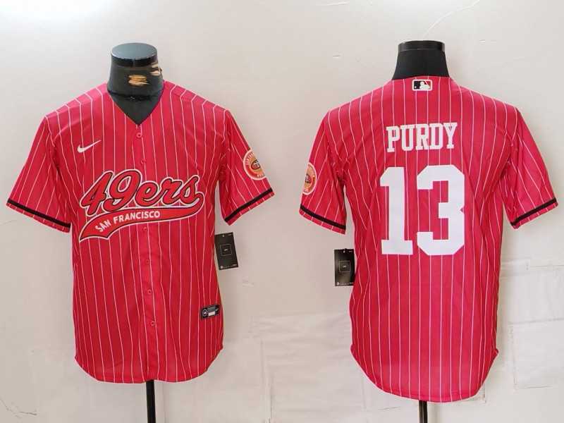 Mens San Francisco 49ers #13 Brock Purdy Red Pinstripe With Patch Cool Base Stitched Baseball Jersey